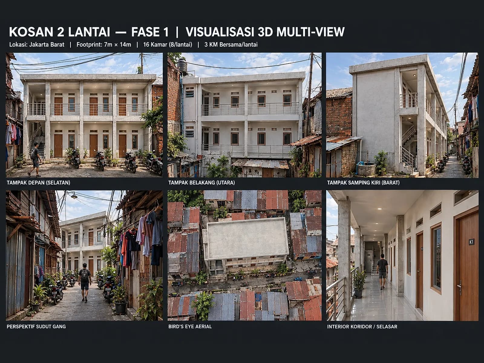 Visualisasi 3D rencana kos dari beberapa sisi
