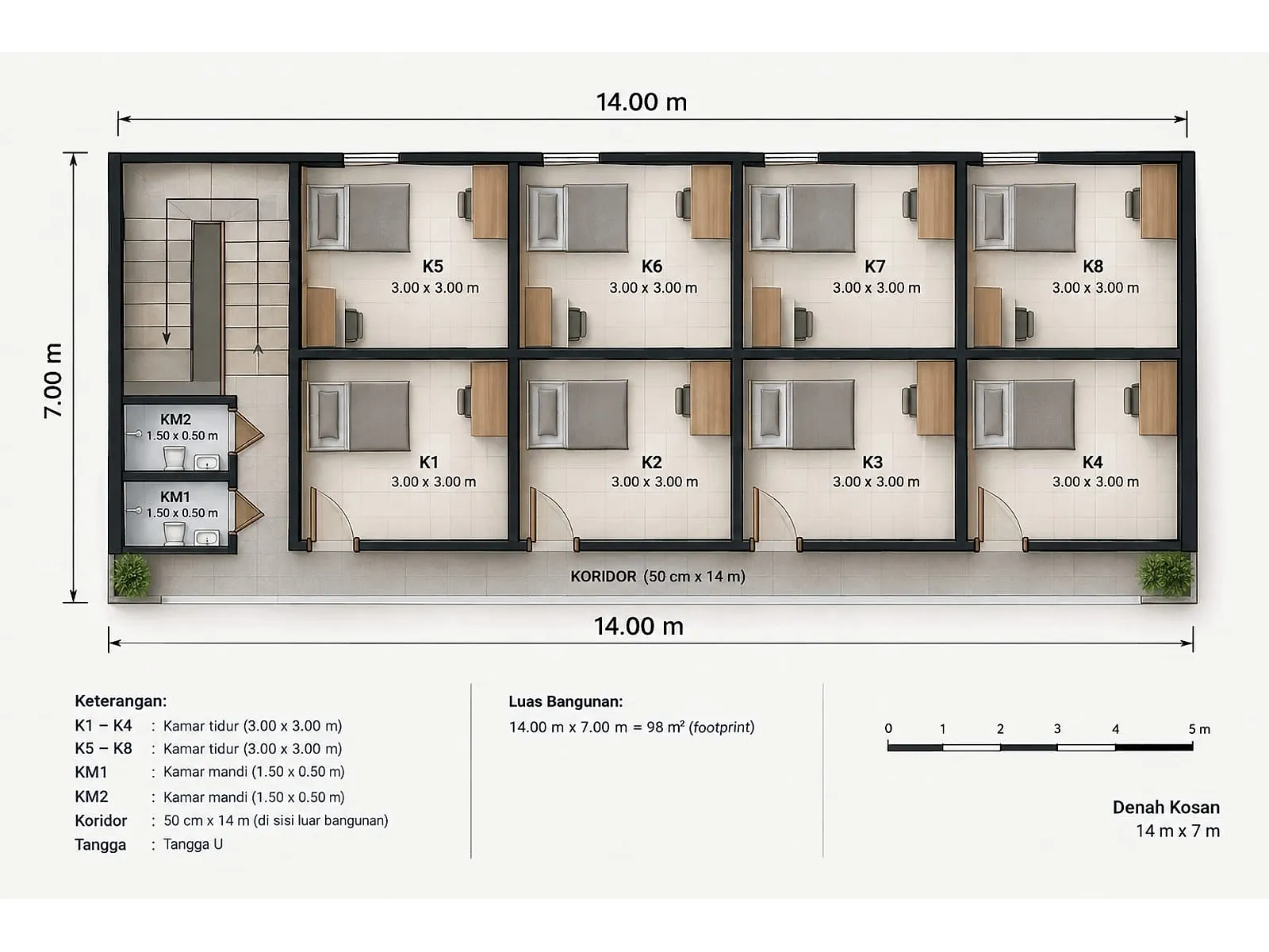Denah 2D kos 14 x 7 meter