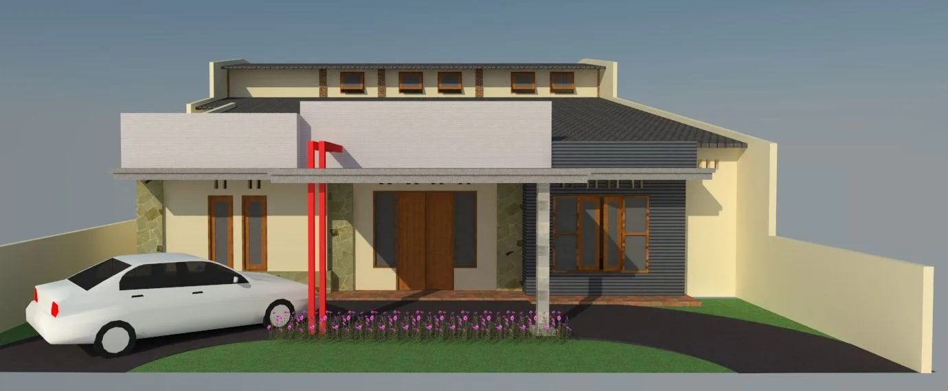 Render 3D rumah satu lantai dengan carport