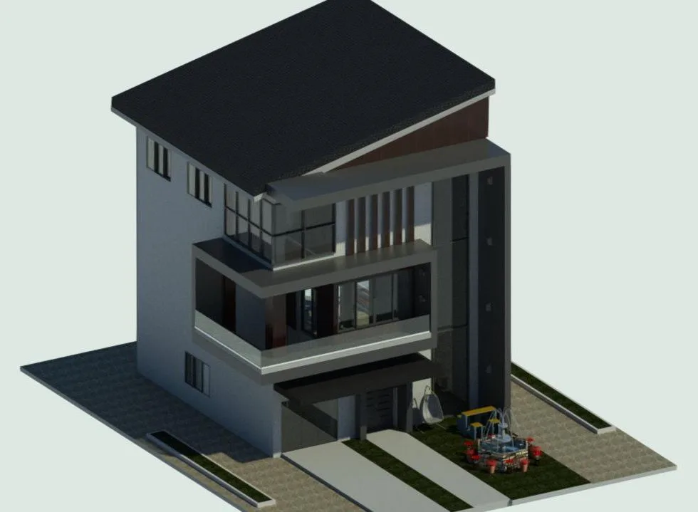 Model 3D rumah tiga lantai