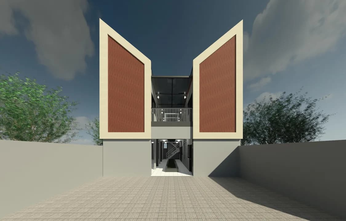 Render 3D rumah modern dengan dua fasad miring